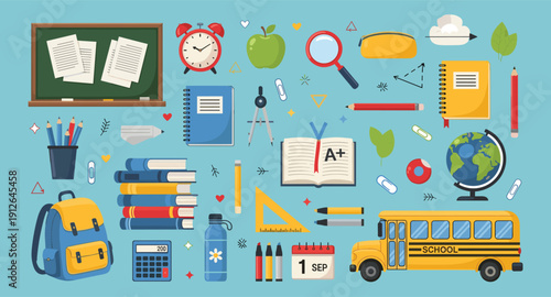 Back to school illustration with chalkboard, bus, backpack, books, pencils, globe, calculator, alarm clock and supplies on light blue background