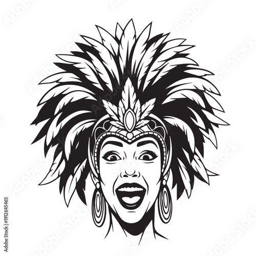 Portrait of a Carnival Dancer with Ornate Feathered Headdress.