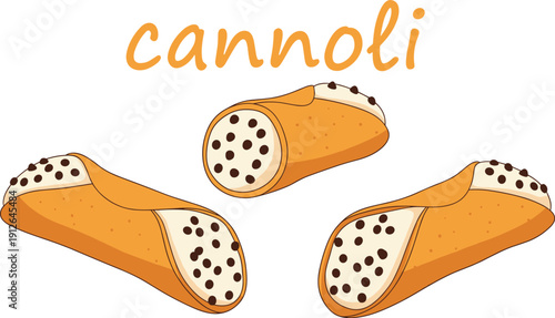 Cartoon cannoli pastry illustration with creamy chocolate chip filling, Italian dessert artwork featuring crisp shell and sweet filling in playful food design style