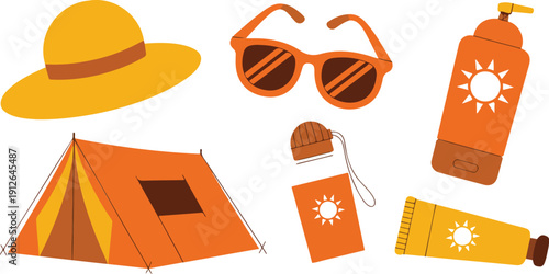 Summer Travel Essentials Icon Set Sun Protection and Vacation Gear