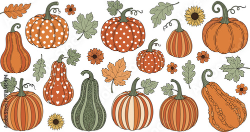 Autumn harvest illustration with pumpkins, gourds, fall leaves, sunflowers and seasonal decorations, colorful artwork representing Thanksgiving, Halloween and autumn festival themes