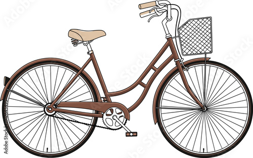 Brown city bicycle illustration with step‑through frame, front basket, padded saddle, spokes and chain mechanism, comfort bike artwork for urban lifestyle and transport design