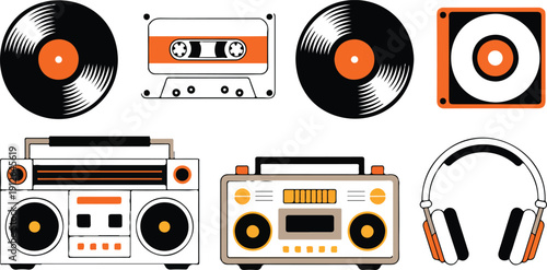 Retro Music Devices Icon Set  Boombox, Vinyl, and Cassette Collection