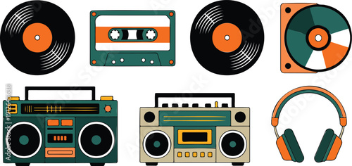 Retro Music Devices Icon Set  Boombox, Vinyl, and Cassette Collection