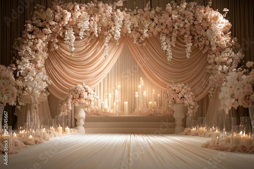 Elegant wedding aisle with soft beige drapes, floral arch, and numerous candles creating a warm, romantic ambiance.