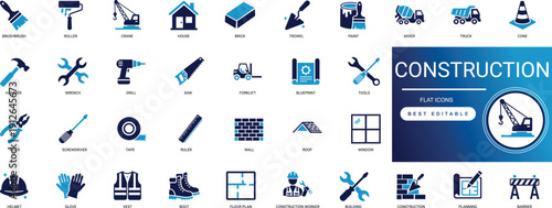 construction solid icon set building, engineering, worker, tools, architecture, industrial, equipment, safety, site professional vector set editable