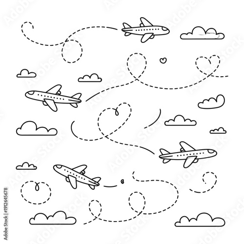 Obraz na płótnie Flying High: An illustration of multiple airplanes soaring through the sky, accompanied by fluffy clouds, charting their flight paths with dotted lines, symbolizing journeys and exploration