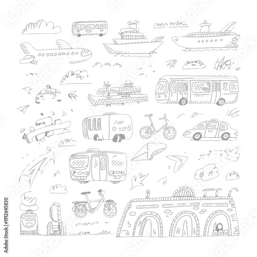 Assortment of Transportation: A collection of charming, hand-drawn sketches of diverse transportation modes, perfect for adding a touch of playful creativity to any project.