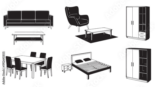 Set of modern household furniture icons including sofa, armchairs, beds, tables, and wardrobes in a monochrome style.