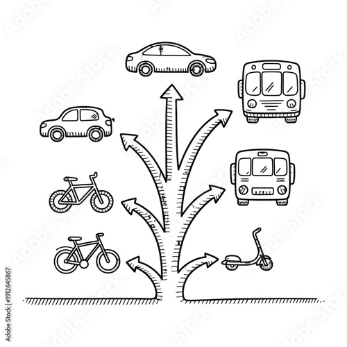 Transportation Choices Illustrated: A hand-drawn illustration showcases diverse modes of transport branching from a central point, emphasizing choice and direction in travel.