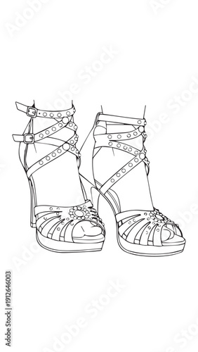 Sketch illustration of simple strappy sandals resting on open feet.