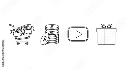 Black Friday Sale Icons: Shopping Cart, Coins, Play Button, Gift Box