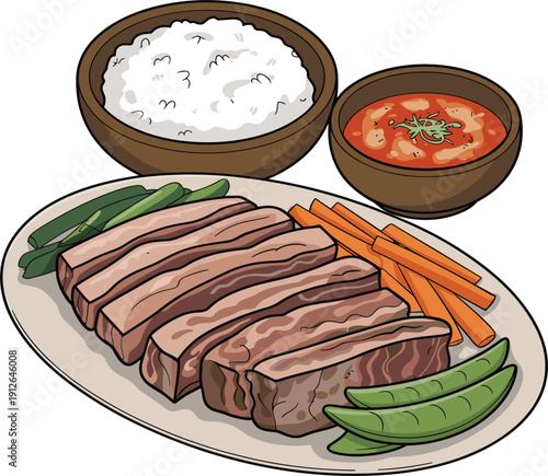 Grilled beef steak slices served with white rice, tomato soup, and fresh green vegetables, vector