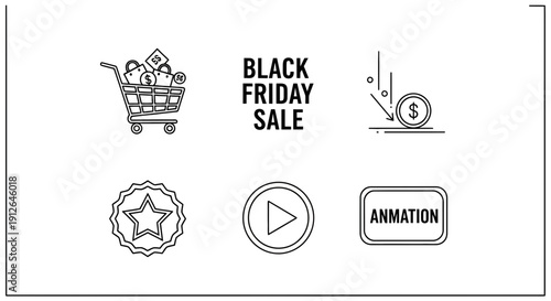 Black Friday Sale Icons: Shopping Cart, Money, Star, Play Button, Animation