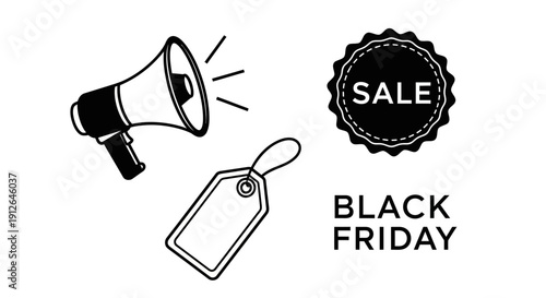 Black Friday Sale Megaphone and Tag Icons with Text - Marketing Promotion Concept
