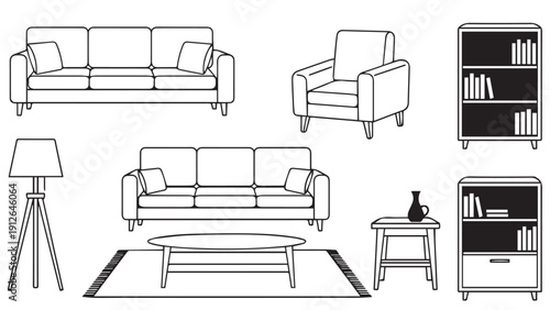 Cozy living room setup featuring a sofa, armchair, coffee table and bookshelves.