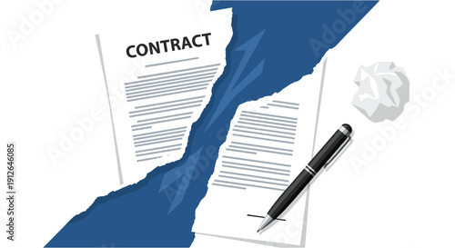 A torn contract document, crumpled paper ball, and pen symbolize a broken agreement, termination, or legal dispute.
