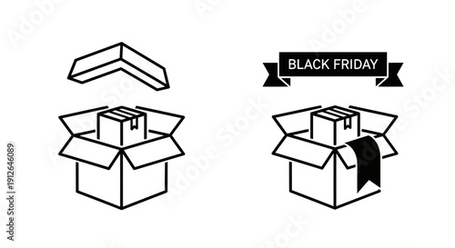 Black Friday Sale: Open Box with Gift and Ribbon Icon Set