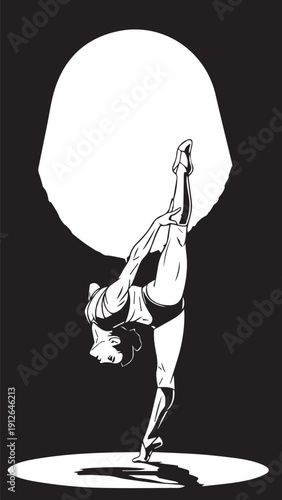 Silhouette of a performer in a dynamic handstand on stage.