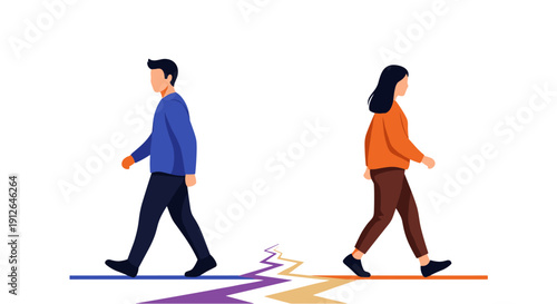 An illustrative depiction of a man and woman walking away from each other on a cracked path, symbolizing relationship breakdown and separation.