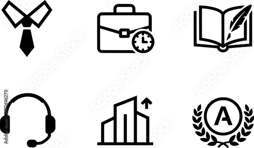 Business and education icons set. Black silhouettes of a necktie, briefcase with clock, open book with quill, customer support headset, rising office building, and academic laurel wreath.