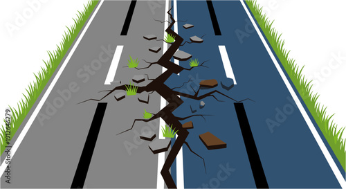 A stark illustration depicting a deeply cracked and damaged road, symbolizing natural disaster, infrastructure failure, or a significant divide.