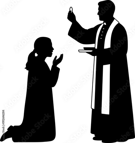 Catholic priest giving holy communion to a girl, silhouette illustration of eucharist sacrament for first communion or mass ceremony.