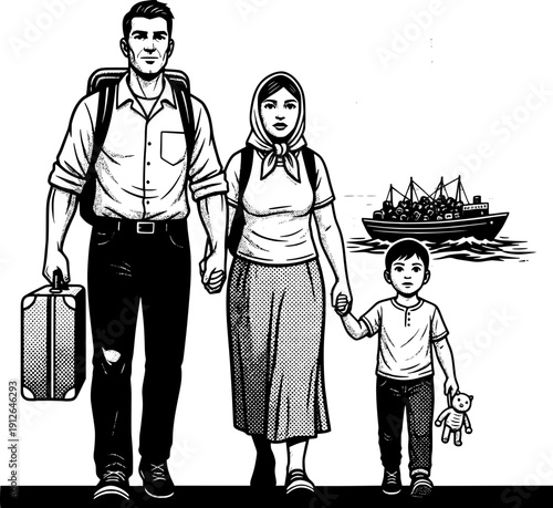 Black and white illustration of a migrant family with a child walking with suitcases. A ship filled with people in the background. Concept of immigration, refugees, and seeking a new life.