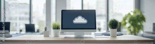 Modern desktop computer setup on wooden desk in bright office environment workspace featuring computer monitor keyboard and mouse.