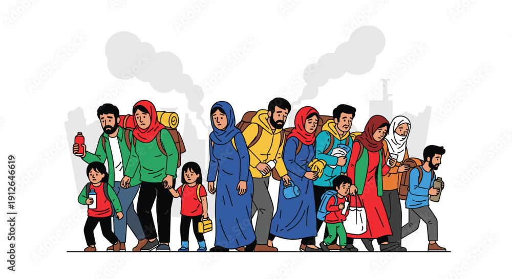 Fototapeta premium An illustration depicting a diverse group of people, including families and children, walking with their belongings, symbolizing migration, displacement, and the journey of refugees.