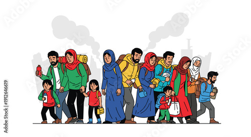 An illustration depicting a diverse group of people, including families and children, walking with their belongings, symbolizing migration, displacement, and the journey of refugees.