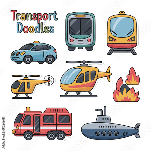 Transport Doodle Collection: A vibrant compilation of playful illustrations showcasing various modes of transportation, perfect for educational and creative projects.