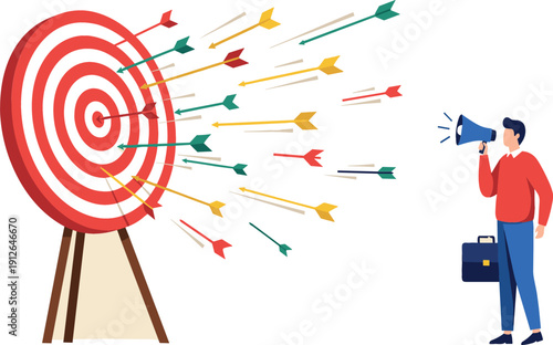 Business target marketing concept vector illustration with arrows hitting bullseye, goal achievement strategy, focused communication, audience targeting, and success planning