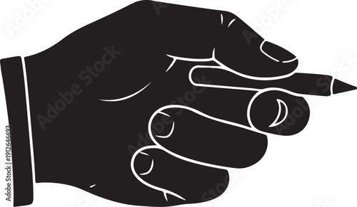 Hand holding pencil pointing to something in black and white