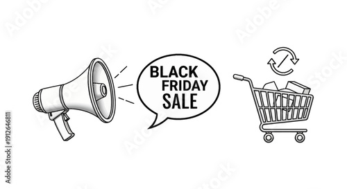 Black Friday Sale Announcement with Megaphone and Shopping Cart Icon