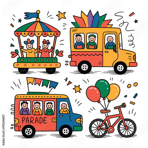 Festive Parade Illustration: A vibrant illustration showcasing cheerful vehicles and elements. A joyous atmosphere with whimsical details.