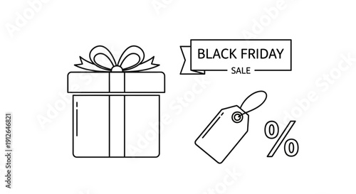 Black Friday Sale Gift Box and Discount Tag Icon Set