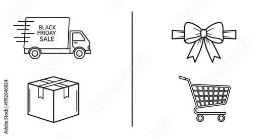 Black Friday Sale Delivery Icons: Truck, Box, Shopping Cart, Bow