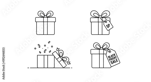 Black Friday Sale Gift Boxes Icons Set: Open, Closed, Price Tag, Confetti