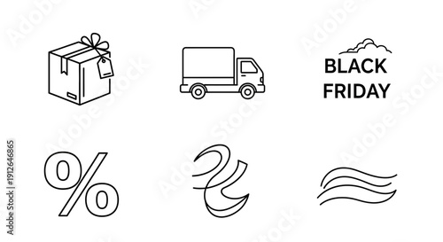 Black Friday Sale Icons: Gift Box, Delivery Truck, Percentage, Abstract Shapes, Waves