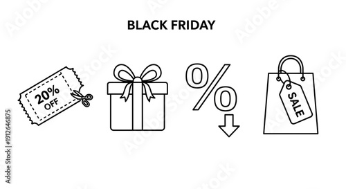Black Friday Sale Icons: Discount Coupon, Gift Box, Percentage Off, Shopping Bag