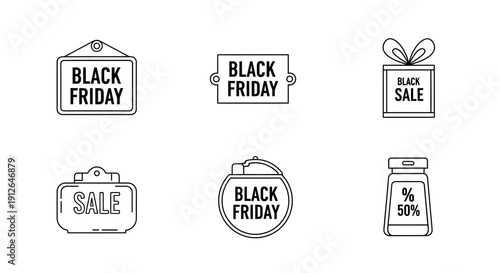 Black Friday Sale Icons: Gift Box, Price Tag, Signboard, Discount Offers