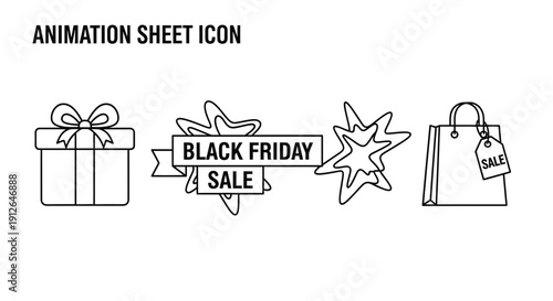 Black Friday Sale Icons: Gift Box, Ribbon Banner, Starburst, Shopping Bag