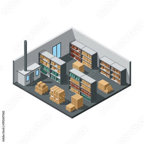Warehouse Storage Facility with Shelves and Cardboard Boxes.