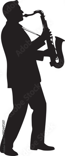 Musician standing and playing a saxophone silhouette isolated on white background minimalist jazz performer and musical instrument illustration
