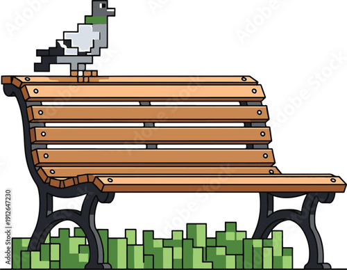 A lone bird perched on a wooden park bench viewed from the side in a serene outdoor environment with lush greenery surrounding the base