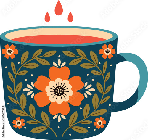 Decorative floral mug vector illustration with hot beverage cup, folk art flower pattern, cozy aesthetic drinkware design for kitchen and home decor