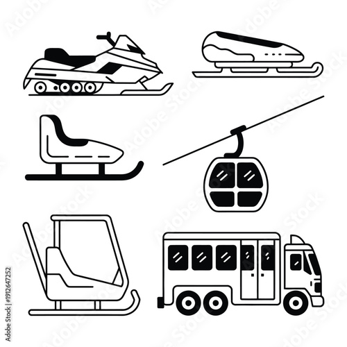 Winter transport icons: Diverse transport icons for winter sports, including a snowmobile, sleigh and bus, a cable car, and a chairlift. Perfect for travel and tourism resources. 