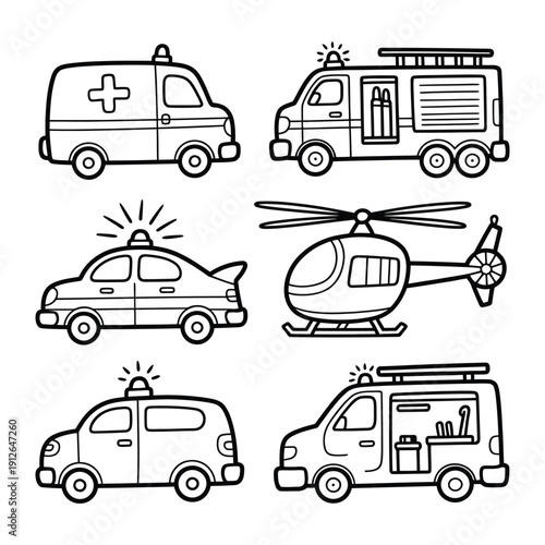 Emergency Vehicles Collection: A set of illustrations showcasing a variety of emergency service vehicles ready to respond to any situation, from land to air.