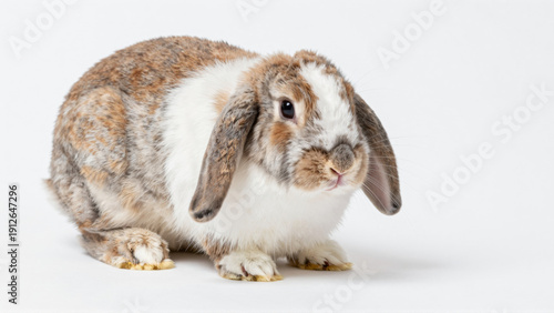 Adorable lop-eared rabbit with soft fur sitting comfortably, showcasing its gentle nature and peaceful demeanor on a clean white background